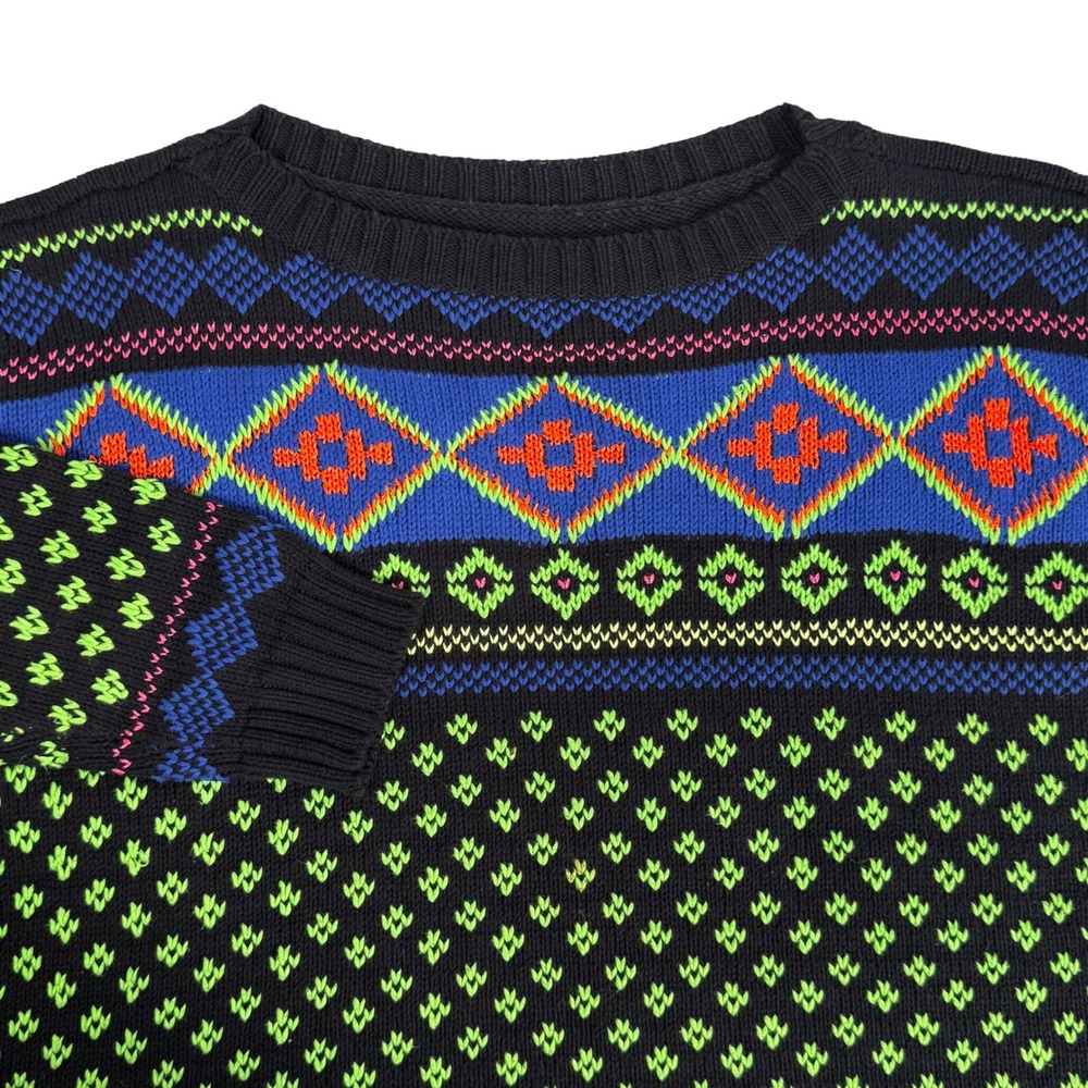 Lauren Ralph Lauren Neon Geometric Fair Isle Cotton Knit Sweater Black Womens  L